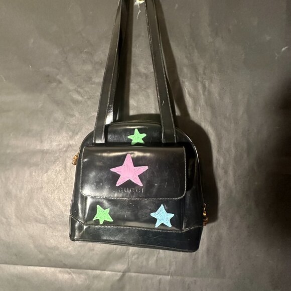 Gucci Black Patent Leather Handbag UPCYCLED pop Stars Neon Shoulder Bag VTG - Picture 7 of 14
